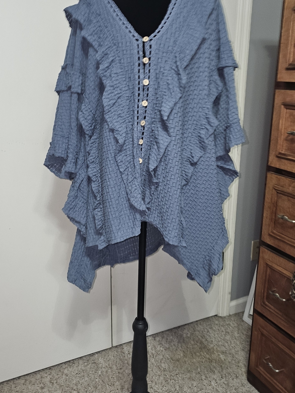 Free People Boho Dusty Blue Ruffle Button-Front Blouse Sz XS OvS